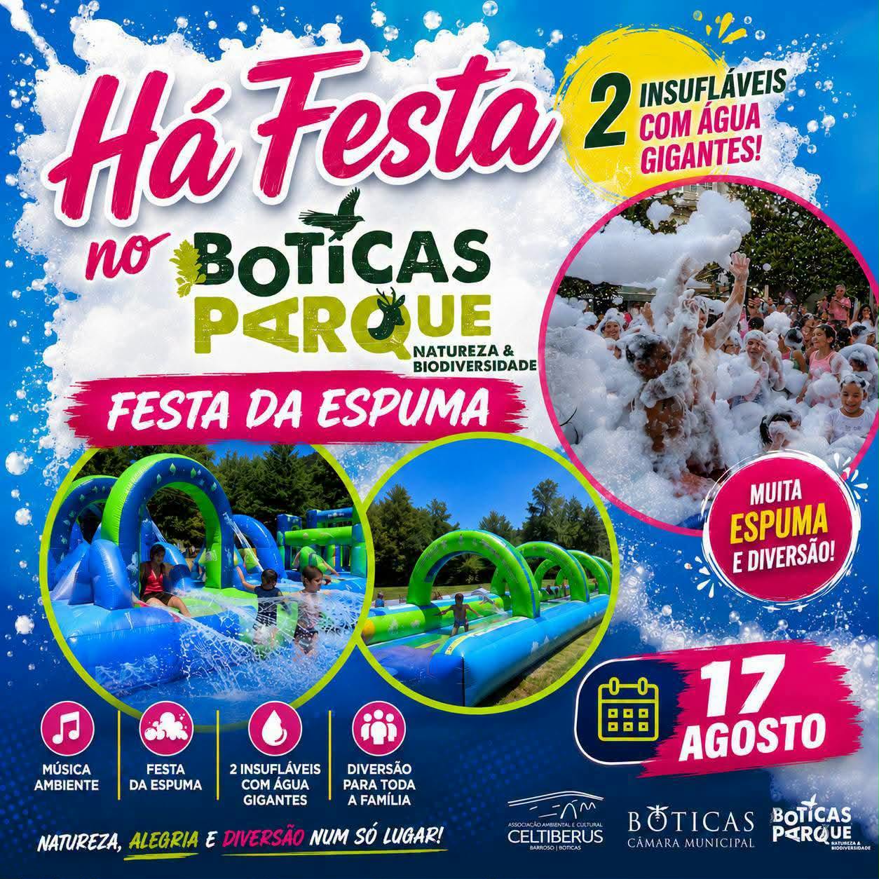 Cartaz de evento “Há Festa no Boticas Parque” com espuma, infláveis e pessoas brincando, data 17 agosto.